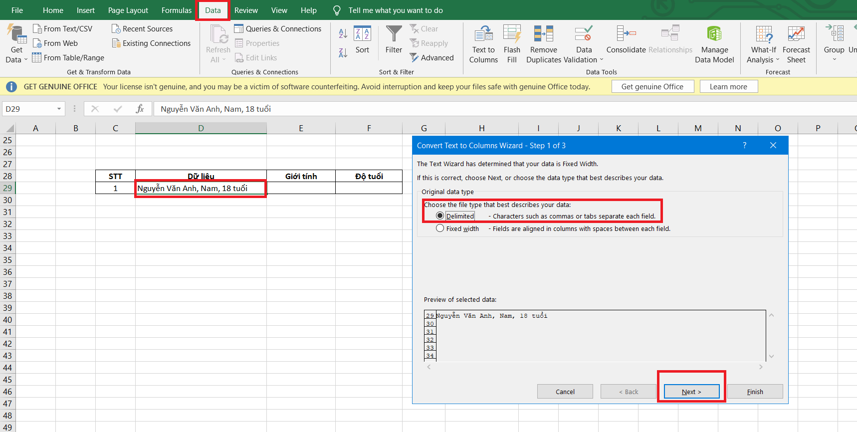 cách tách cột trong excel