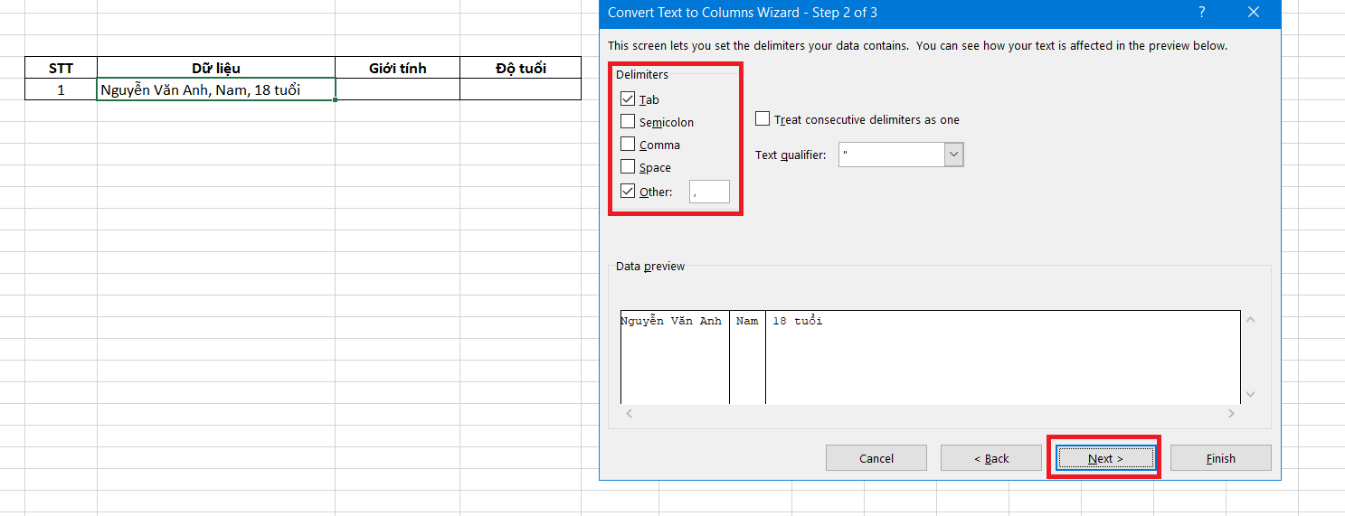 cách tách cột trong excel