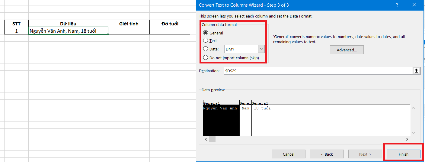 cách tách cột trong excel
