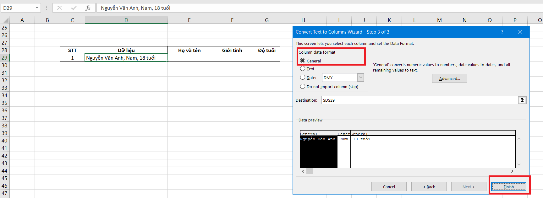 cách tách cột trong excel