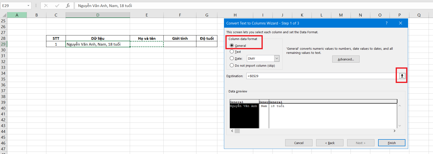 cách tách cột trong excel