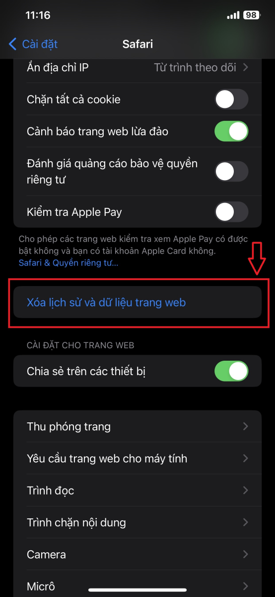 xoá lịch sử safari