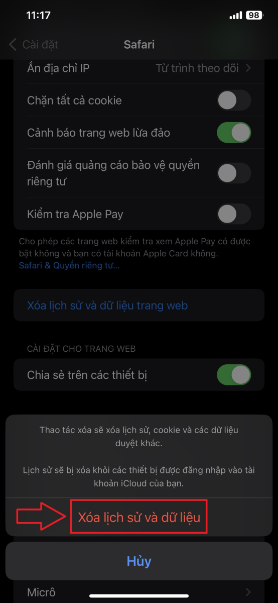 xoá lịch sử safari
